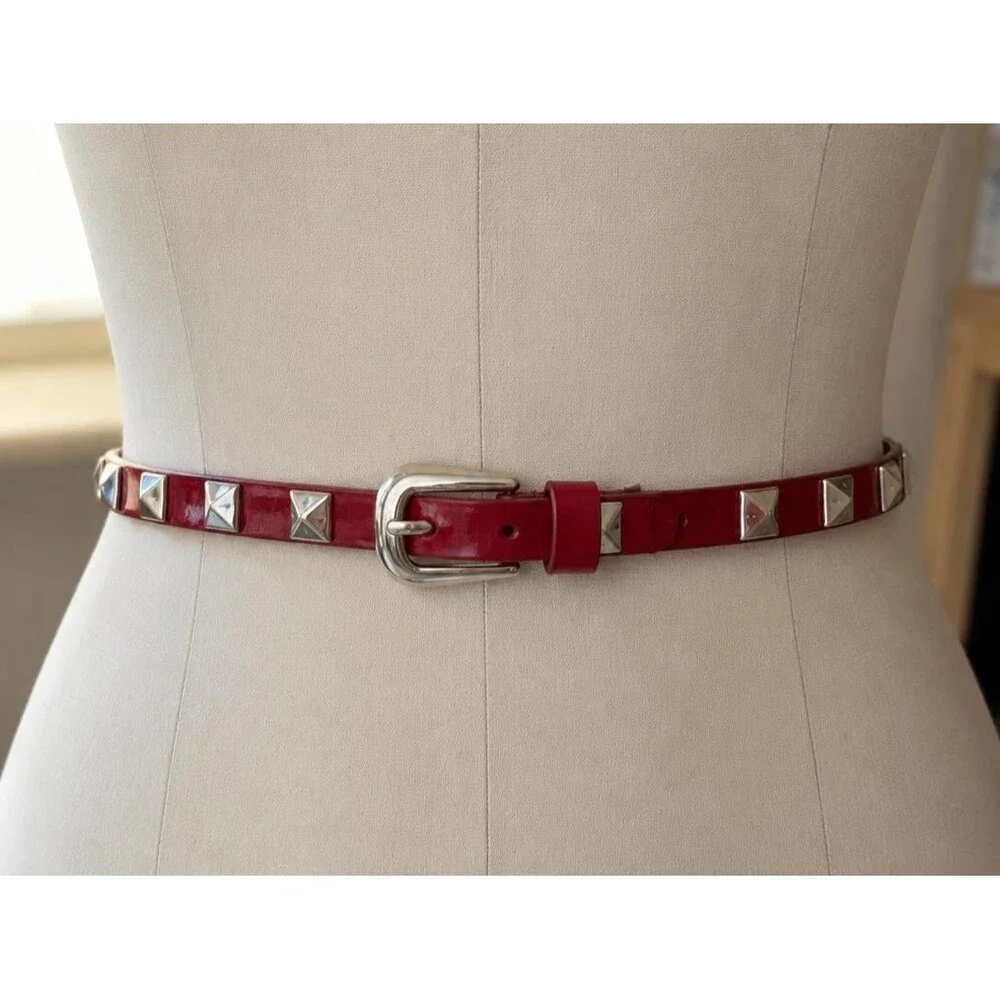Red VTG Pyramid Studded Skinny Belt Medium Faux Leather 36